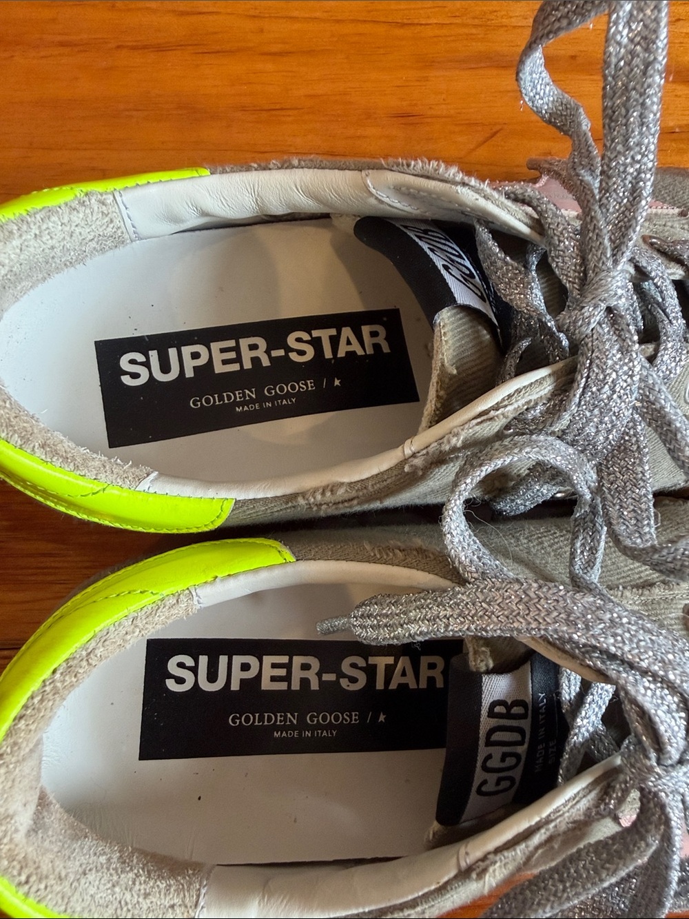 Golden Goose Women’s 39 Gray Canvas Sneakers with Neon Yellow Heel and Pink Star - Picture 7 of 9